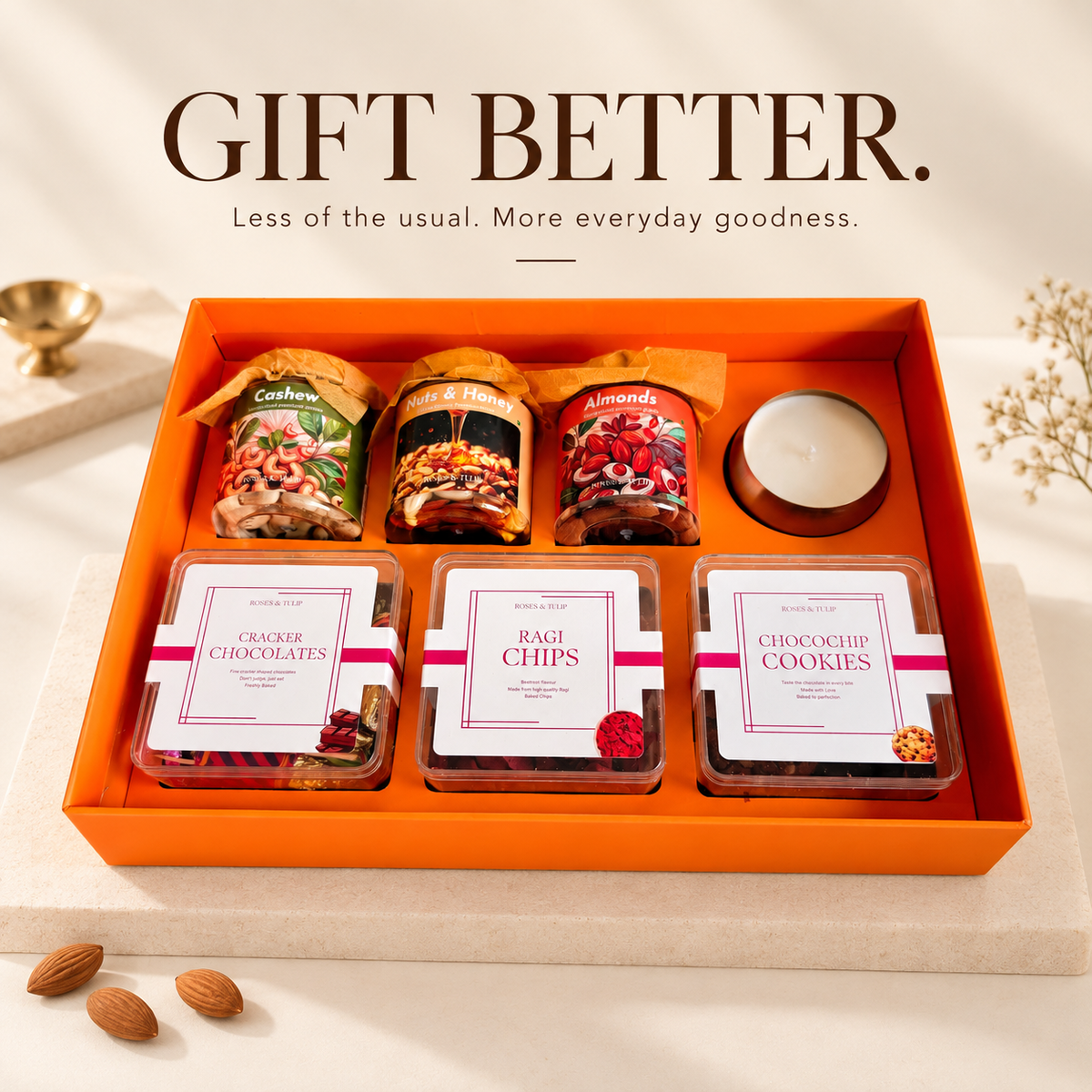 Premium healthy gifting hamper with nuts, snacks and festive treats