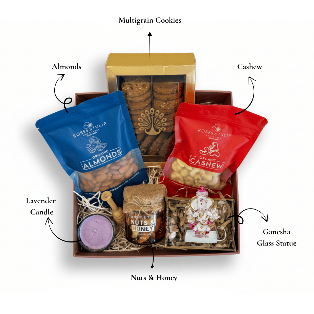 Gift box with labeled items including almonds, cashew, lavender candle, nuts & honey, and Ganesha glass statue.