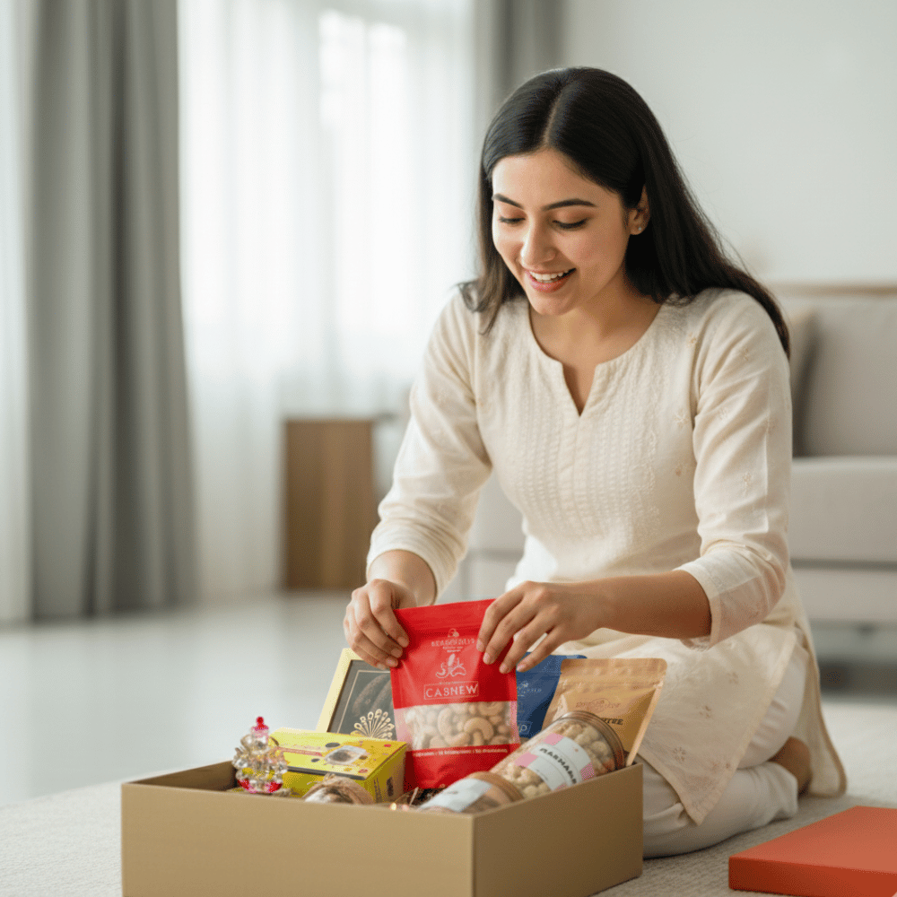 Woman opening a Diwali Gift Hamper that includes Nuts & Honey, Cashew, Almonds, Makhana, Ragi Chips, Multigrain Cookies, Filter Coffee, Green Tea, Ganesha Figurine & Candle