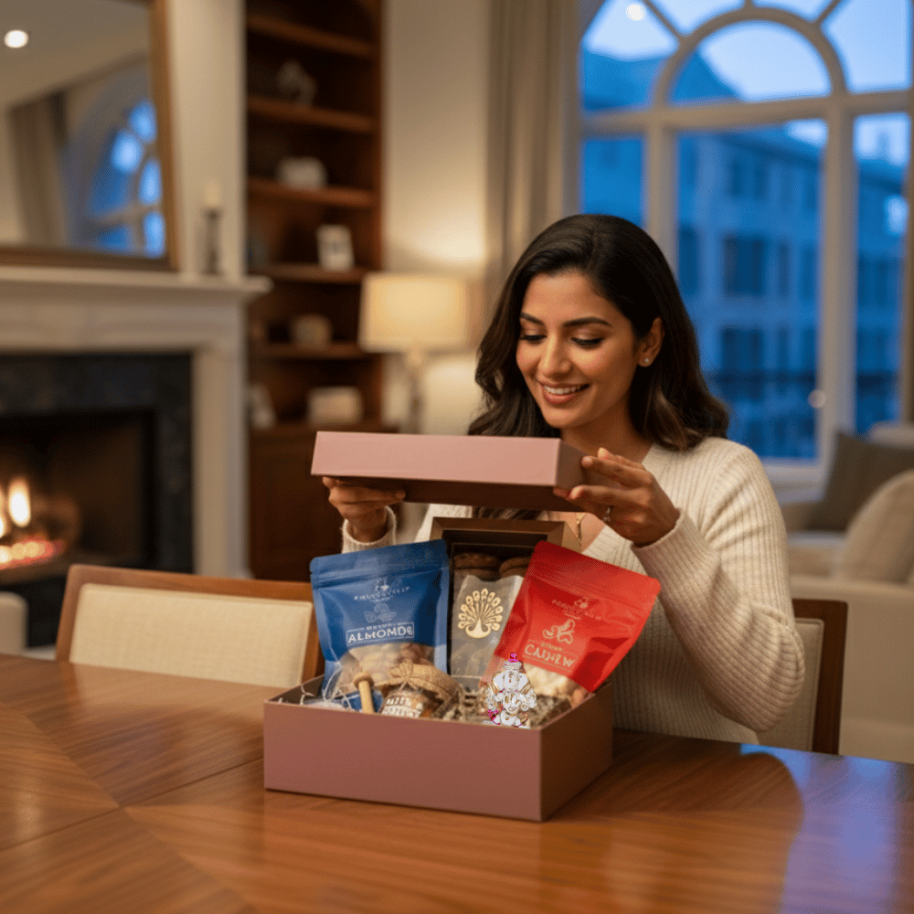 Woman opening a Diwali Gift Box including Nuts & Honey, Cashew, Almonds, Multigrain cookies, Ganesha Figurine, Candle on a wooden table in a cozy living room.