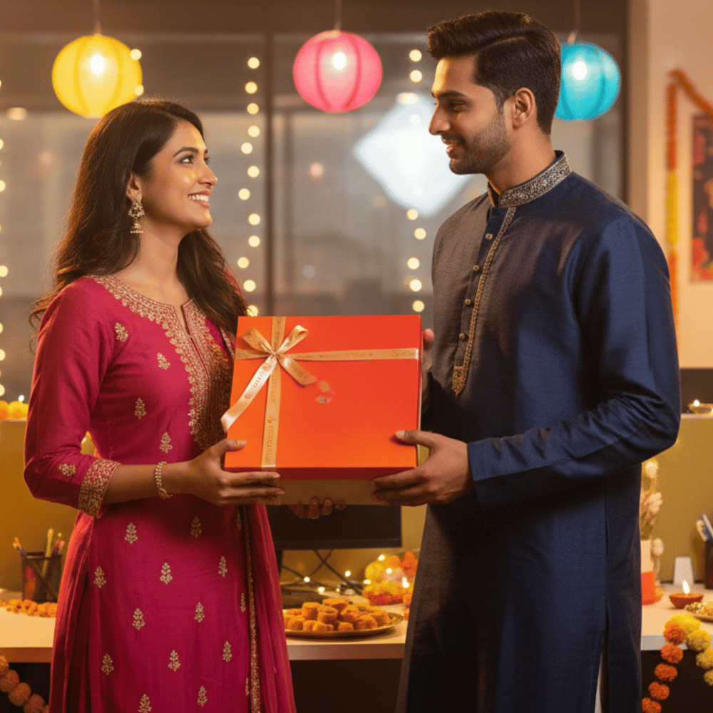 Man and woman exchanging a gift in a festive setting with colorful lanterns.