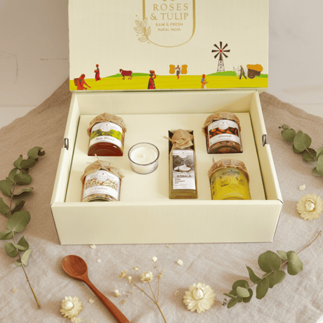 Diwali gift hamper with pure and healthy Ghee, honey, Coconut oil, Cashew & Almonds