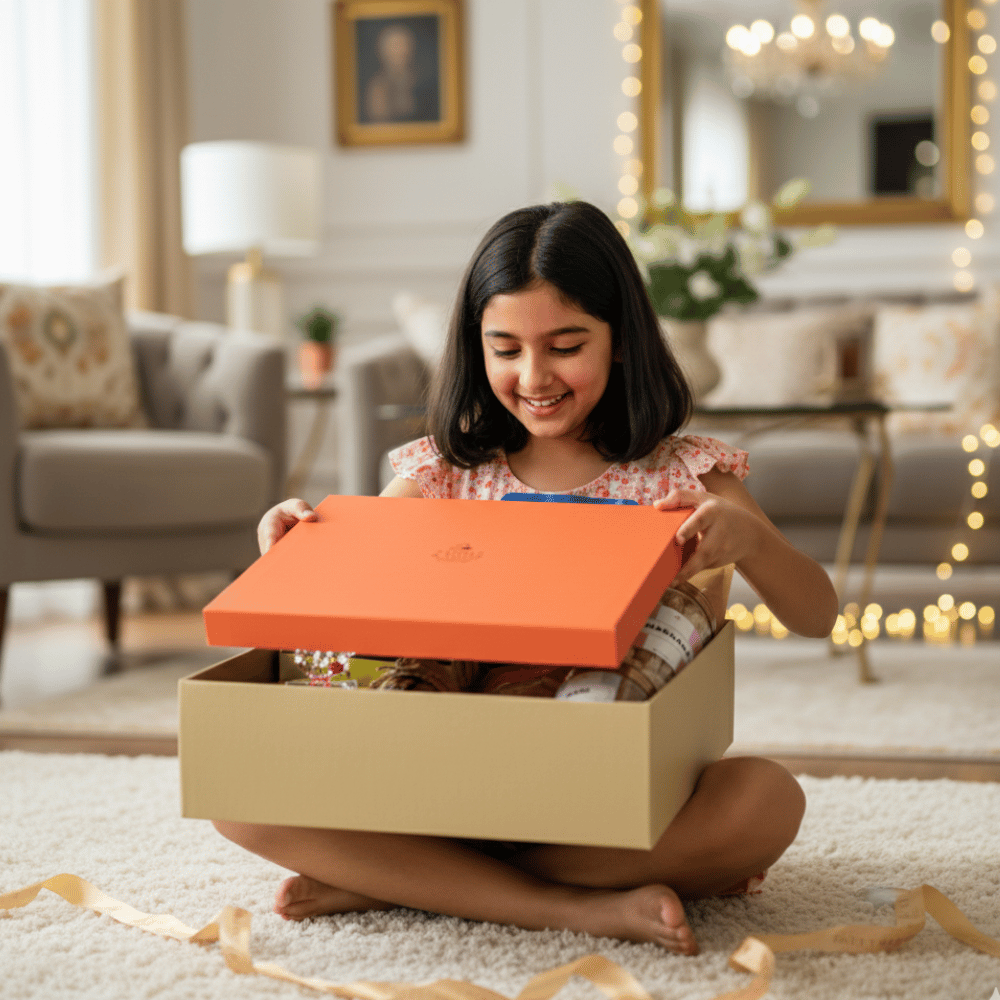 Young girl opening a box in a cozy living room
