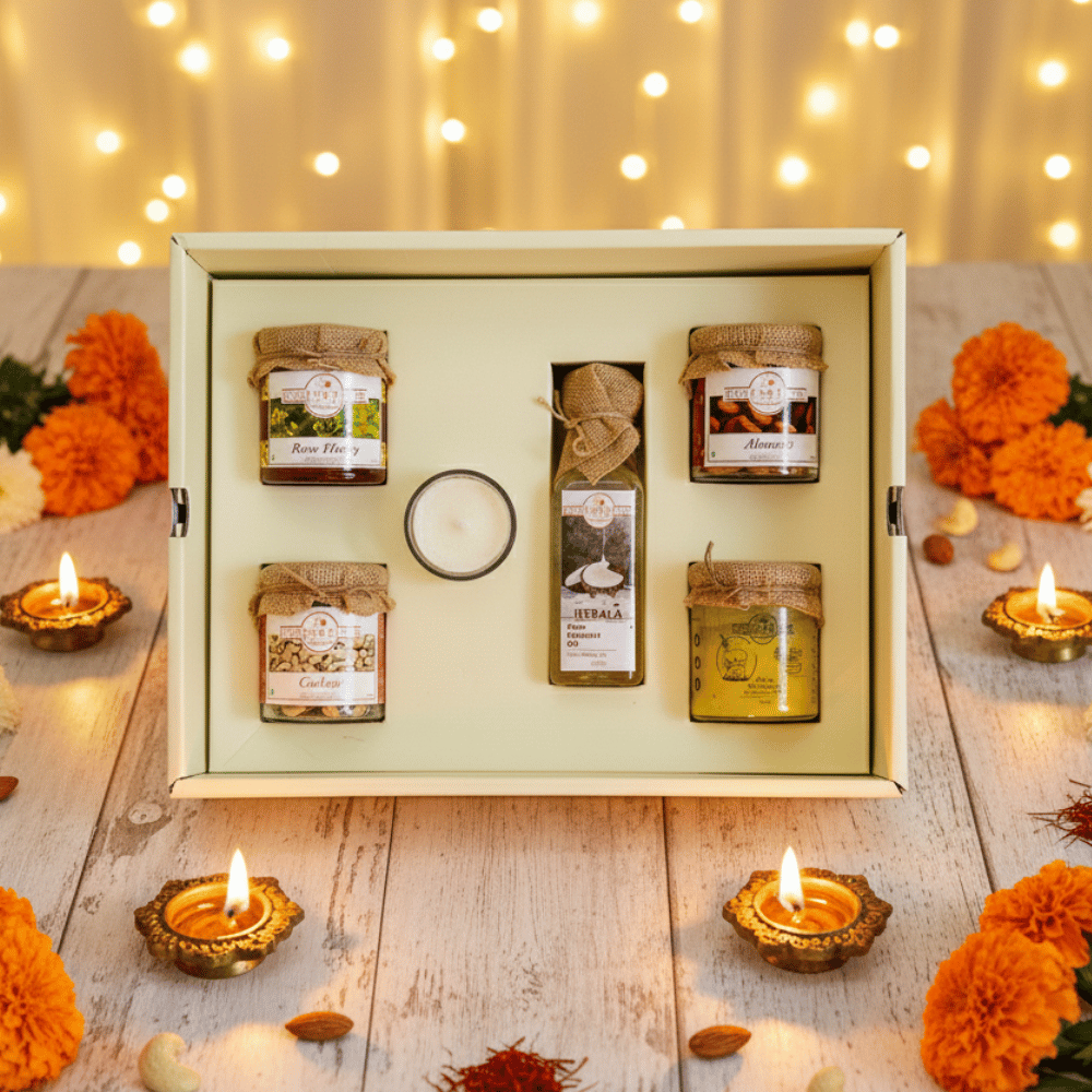 Diwali gift hamper with pure and healthy Ghee, honey, Coconut oil, Cashew & Almonds