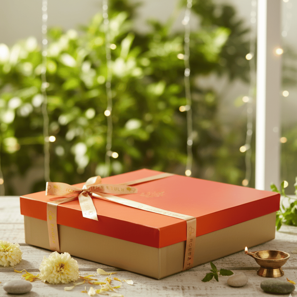 Gift box with a ribbon on a table with a blurred green outdoor background