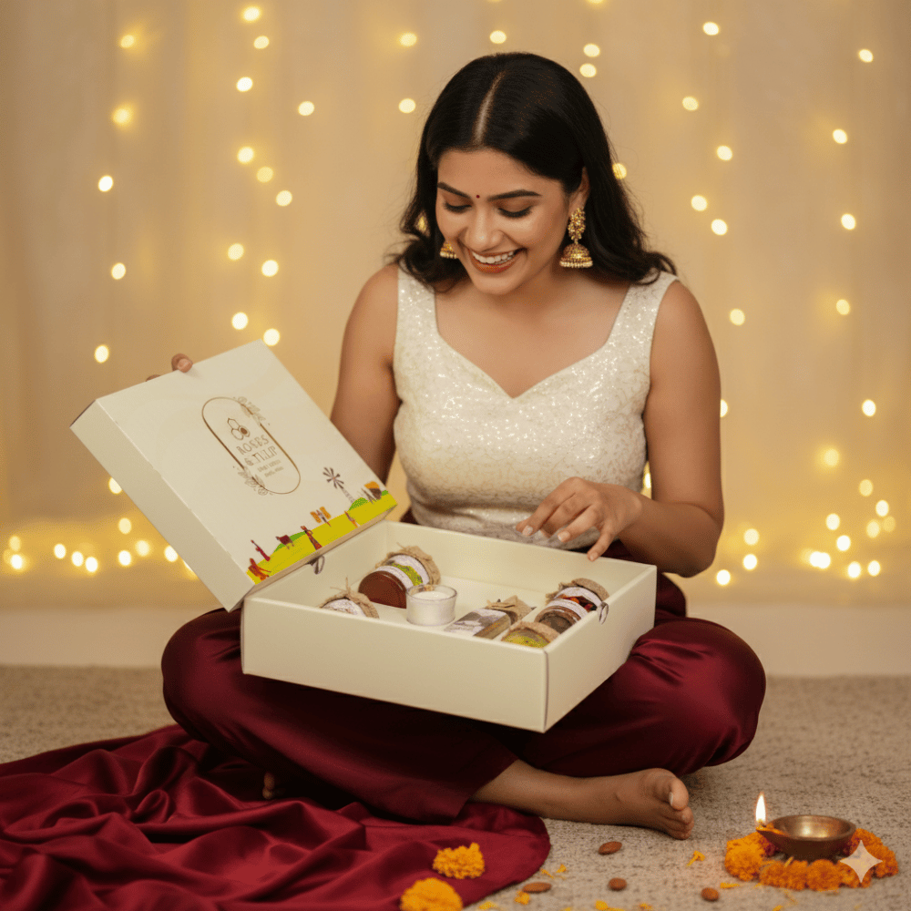 Woman opening a box of Diwali gift hamper with pure and healthy Ghee, honey, Coconut oil, Cashew & Almonds