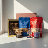 Assorted food items including cookies, almonds, cashews, and a candle on a windowsill.