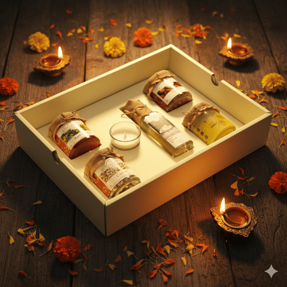 Gift box with candles and small packets on a wooden surface with Diwali decorations.