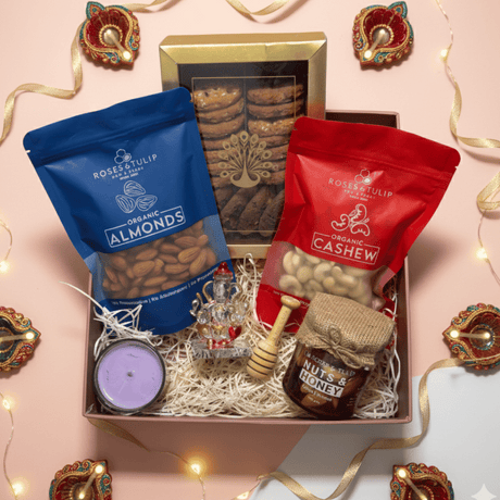 Diwali Gift Box including Nuts & Honey, Cashew, Almonds, Multigrain cookies, Ganesha Figurine, Candle