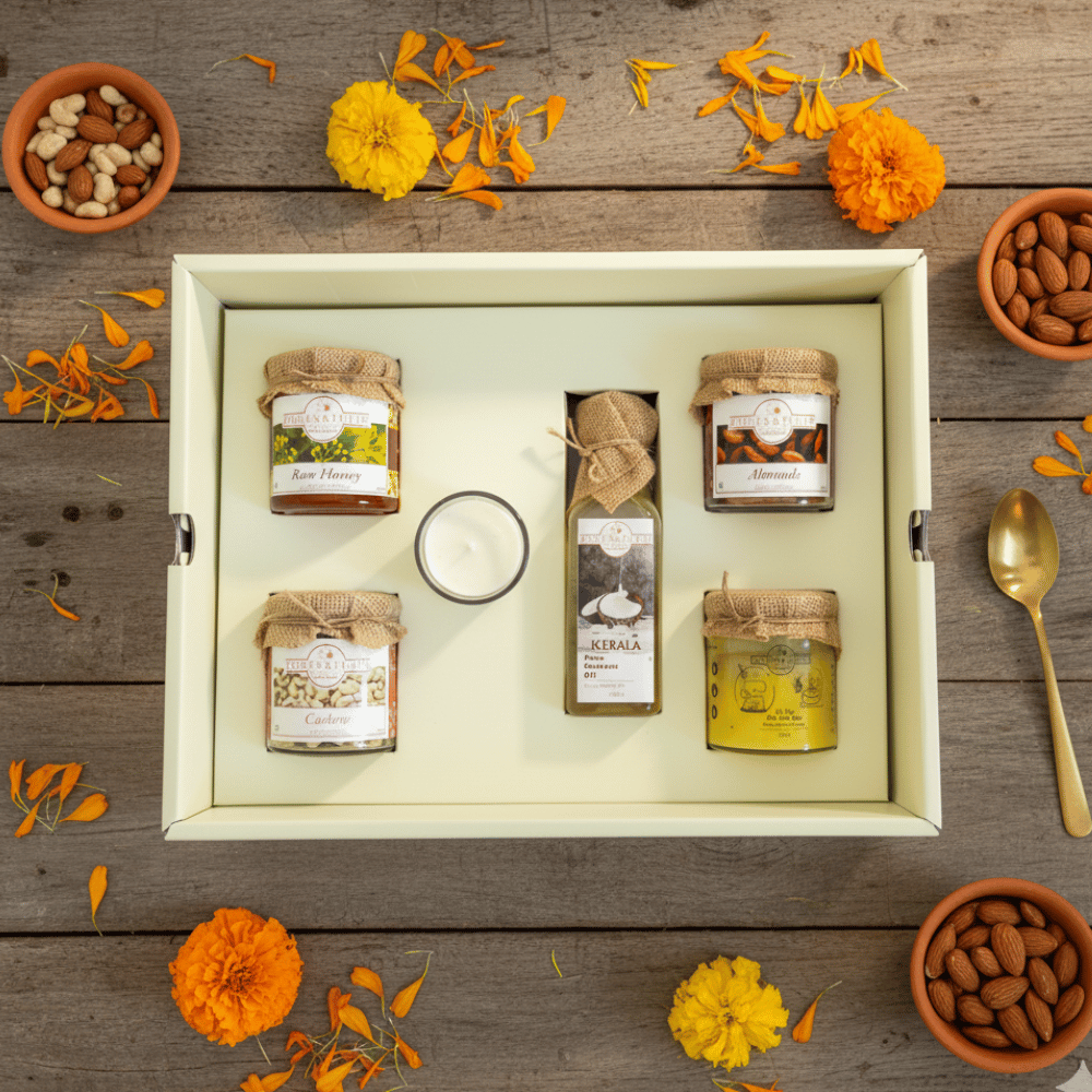 Diwali gift hamper with pure and healthy Ghee, honey, Coconut oil, Cashew & Almonds