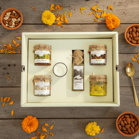 Diwali gift hamper with pure and healthy Ghee, honey, Coconut oil, Cashew & Almonds