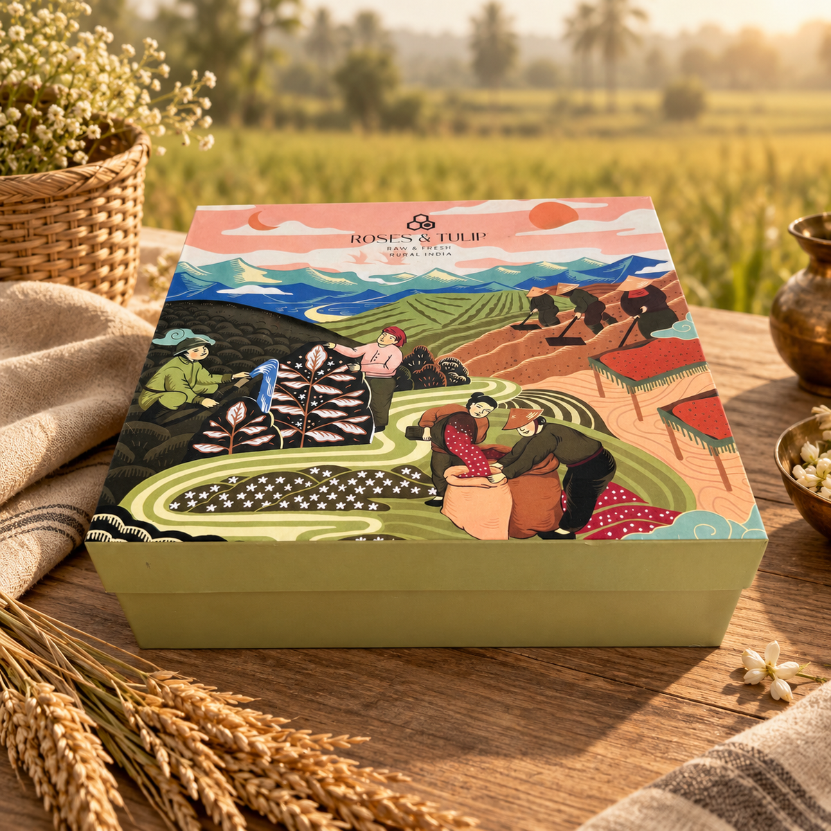Closed Box of Sunshine hamper featuring artwork inspired by rural India