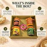 Contents of the Box of Sunshine hamper with Nuts & Honey, A2 cow ghee, coconut oil and roasted edamame