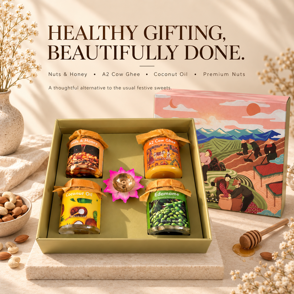 Close-up of the illustrated Roses & Tulip Box of Sunshine gift box