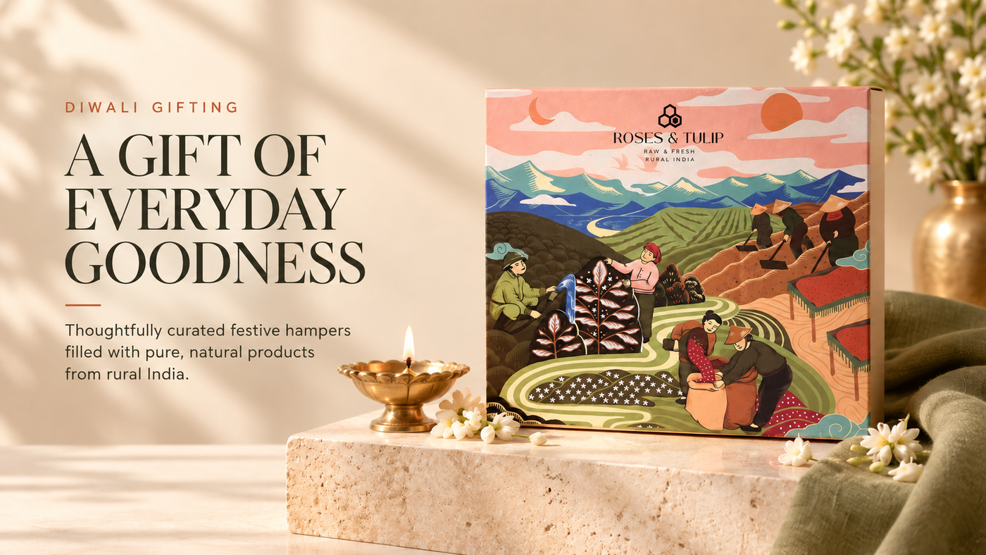 Roses & Tulip illustrated Diwali gift hamper featuring natural products sourced from rural India