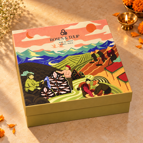 Closed Roses & Tulip corporate Diwali gift box showing its illustrated lid