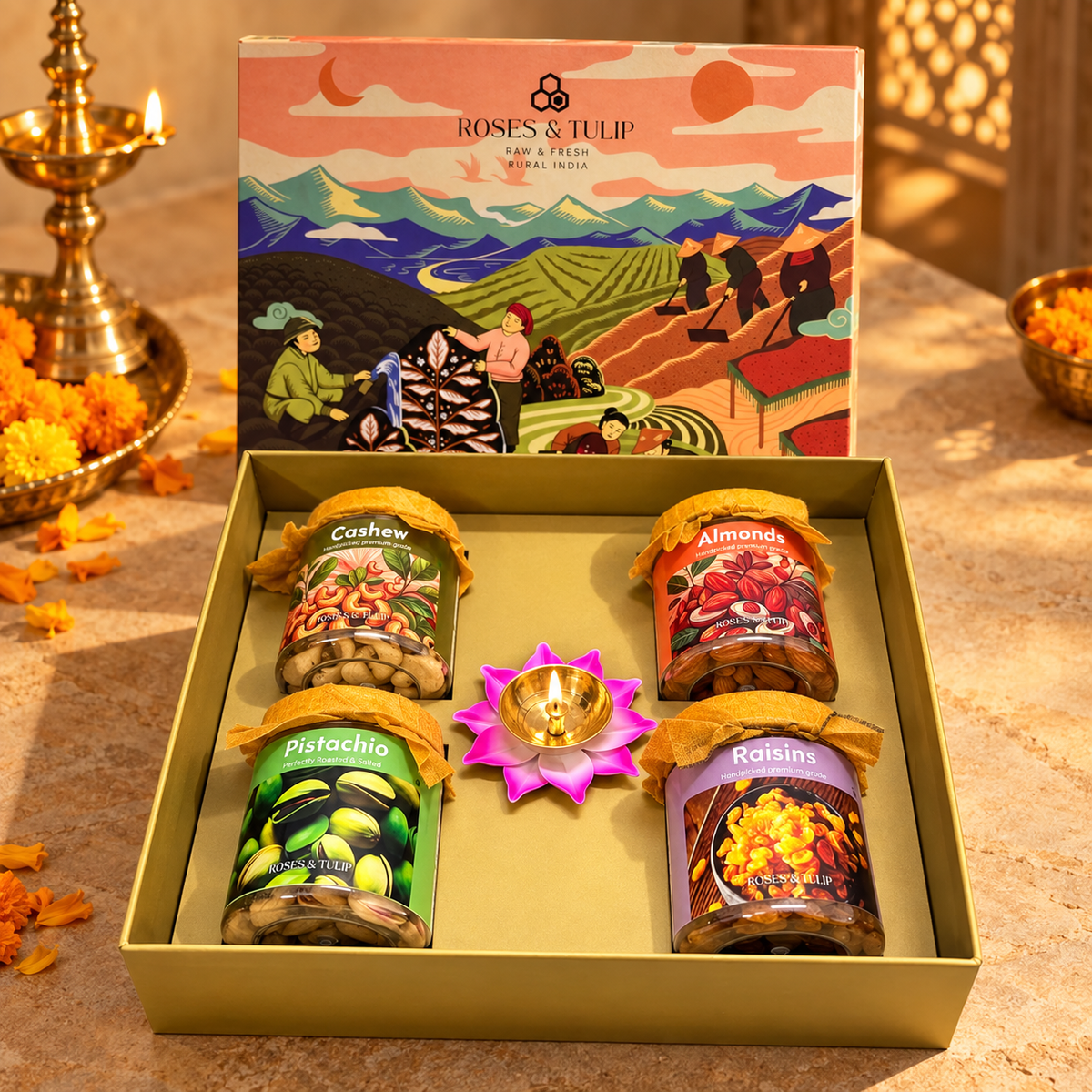 Open dry fruit gift hamper displayed with its illustrated lid in a warm Diwali setting