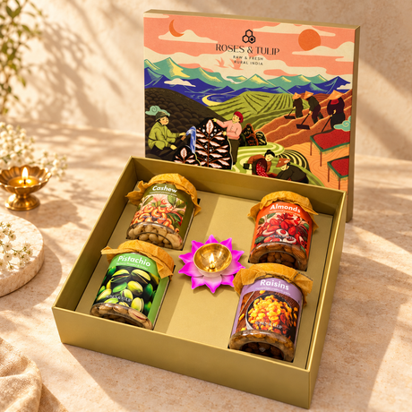 Open Roses & Tulip corporate gift hamper with four dry fruit jars arranged around a lotus diya