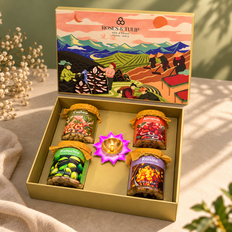 Closer view of the four jars and lotus diya inside the illustrated gift box