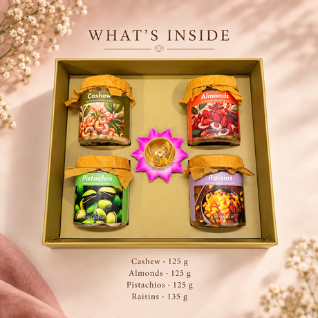What’s inside the Diwali hamper: four dry fruit jars and a decorative lotus diya