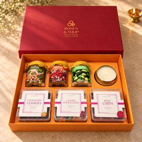 Overhead view of the seven products arranged inside the orange gift box