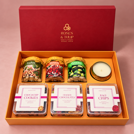 Overhead view of the seven products arranged inside the orange gift box