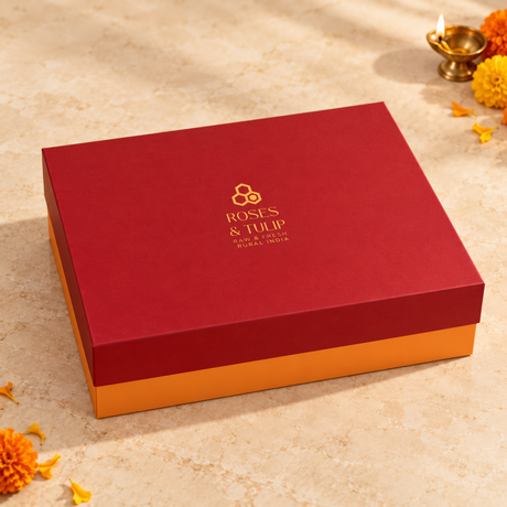 Closed Roses & Tulip gift hamper with a red lid and orange base