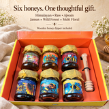 Himalayan, Raw, Ajwain, Jamun, Wild Forest and Multi Floral Honey in a gift box with a wooden dipper.