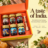 Open six-honey gift box beside an editorial panel reading “A taste of India” and listing the honey varieties.